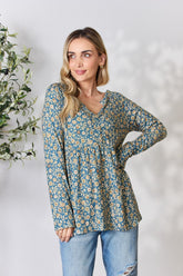 Heimish Women's Floral Babydoll Blouse - Long Sleeve, Half Button